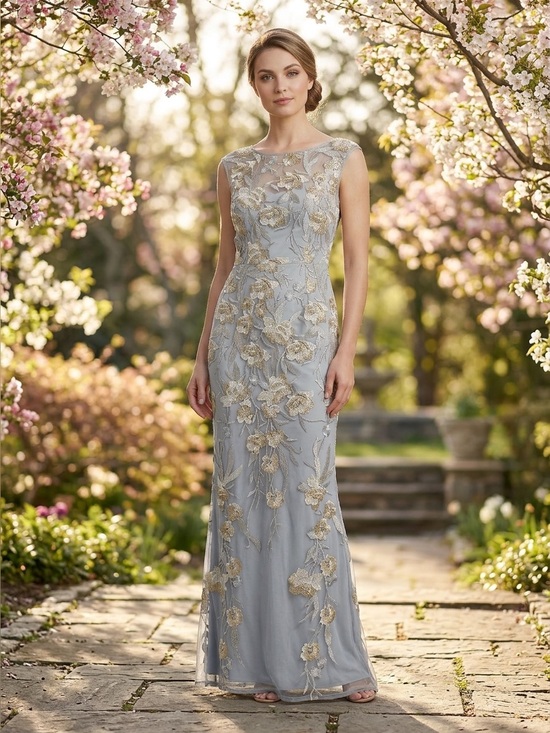 BHLDN Dresses & Skirts - BHLDN x Adrianna Papell Blue Silver Floral Sleeveless Formal Dress Wedding SZ 8